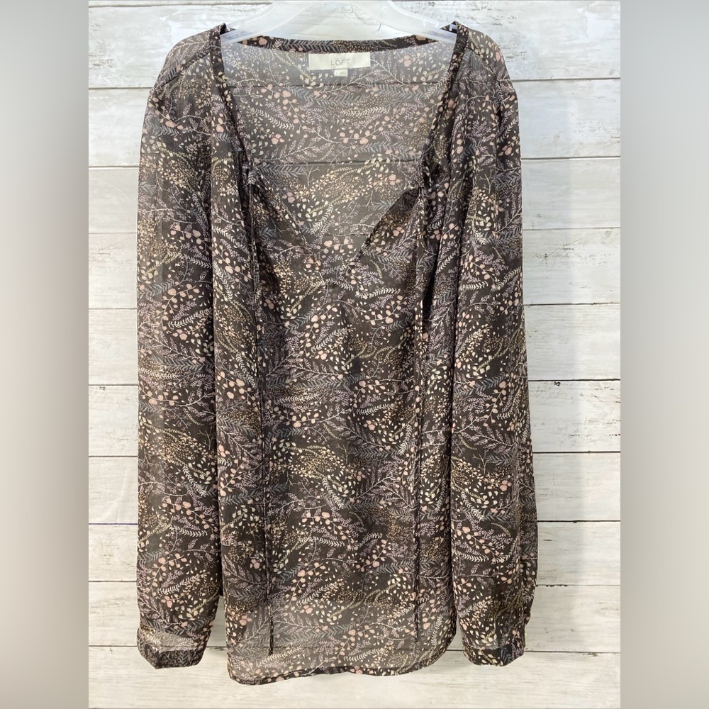 LOFT Long Sleeve Brown Floral Sheer Tied Blouse Women’s Size Large Lightweight